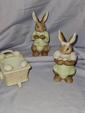 Easter Bunny Figurine Pair with Basket - Soft Green Accents